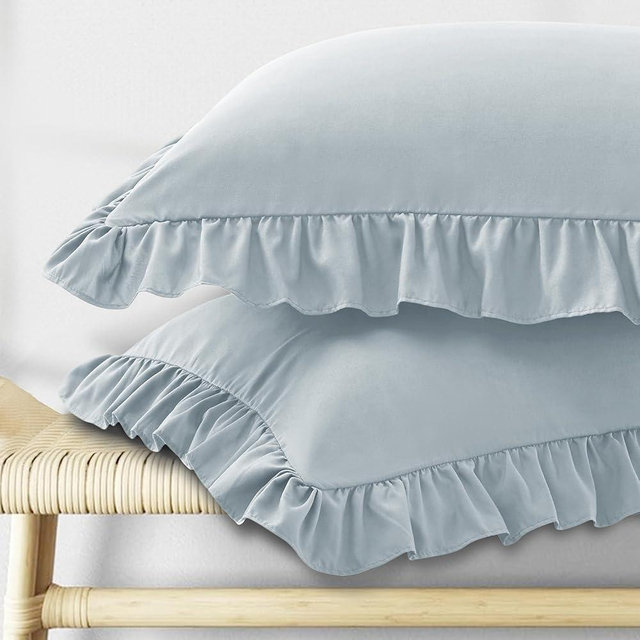 KKJIAF Ruffle Pillow Cases Queen Size Set of 2, Ruffled Pillow Covers with Envelope Closure, Wrinkle Resistant Ruffled Pillow Shams 20" x 30", Dusty Blue