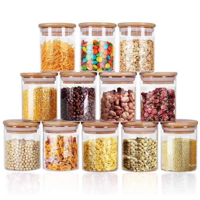 Glass Jars Set 8oz, Yibaodan 12 Set Spice Jars with Bamboo Airtight Lids and Labels, Food Cereal Storage Containers for Home Kitchen Tea Herbs Coffee Flour Herbs Grains