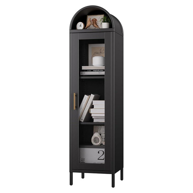 METAN Tall Metal Arched Display Cabinet with Glass Door, Narrow Freestanding Storage Cabinet for Home Bar & Living Room, Black Steel Curio Bookshelf, 15" D x 16" W x 63" H, Assembly Required