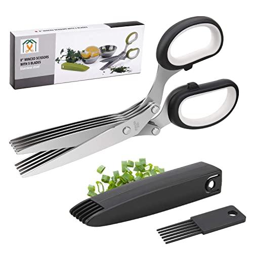 Joyoldelf Gourmet Herb Scissors Set - Master Culinary Multipurpose Cutting Shears with Stainless Steel 5 Blades, Safety Cover and Cleaning Comb for Cutting Cilantro Onion Salad (Black)