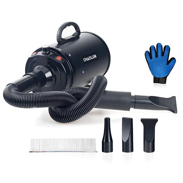 CHAOLUN Dog Dryer High Velocity Professional Pet Dog Blow Dryer 3.2HP - Dog Hair Grooming Dryer with Heater, Stepless Adjustable Speed, 3 Different Nozzles, a Comb and a Shower Massage Glove