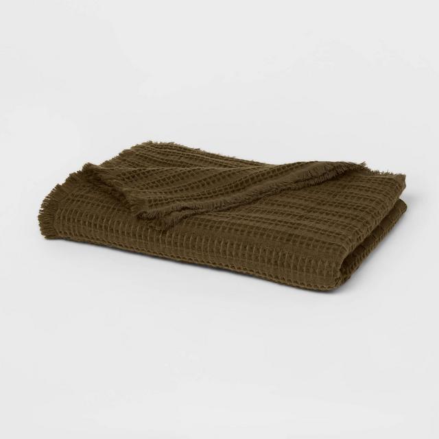 60"x80" Waffle Weave Fringed Throw Blanket Green - Threshold™