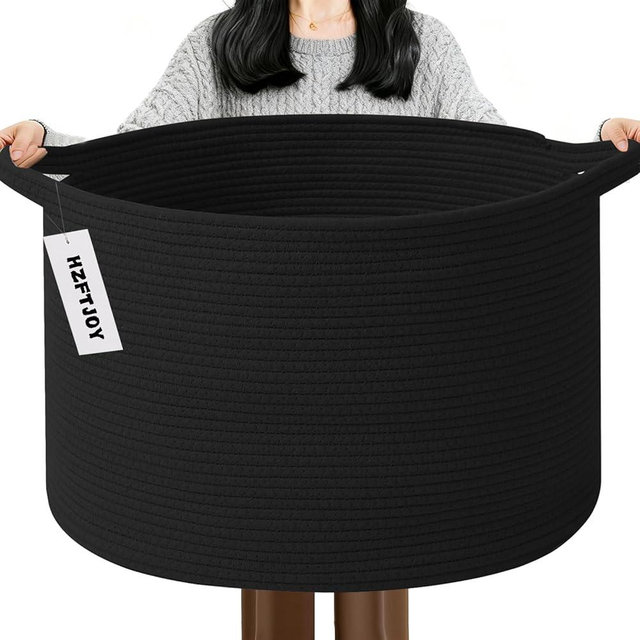 HZFTJOY 65L Large Blanket Basket,19.7" L x 19.7" W x 13" H Rope Woven Baskets with Handles, Toys Storage Bins,Laundry Basket Perfect for Living Room, Nursery,Bedroom,Home Organization,Black