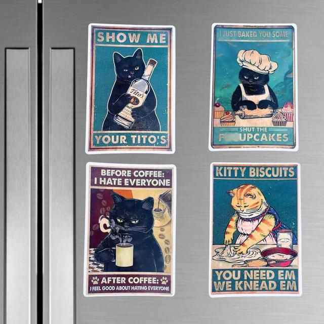 4PC Funny Cat Magnets | Vintage Kitty Biscuits Art Cats Magnet for Fridge Kitchen Locker Refrigerator Retro Cute Fun Cool 70s House Home Decor Office Decorative Accessories for Cat Lovers