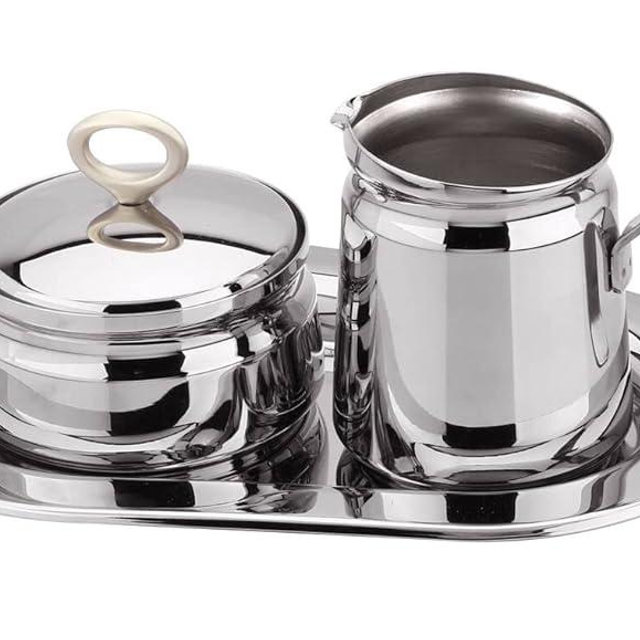 Rigeli Regent OVATION Stainless Steel Sugar and Creamer Set on Tray Creamer and Sugar Bowl Set Stainless Steel Latte Milk Cup Cream Jug and Sugar Bowl Tray for Coffee Serving Set Frothing Milk