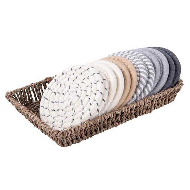 Boho Drink Coasters & Seagrass Basket Holder Set - 12 Pcs 4.3in Handmade Braided Absorbent Coasters for Drinks in 6 Styles + Hand Woven Seagrass Wicker Basket, Heat-resistant Woven Coasters for Table