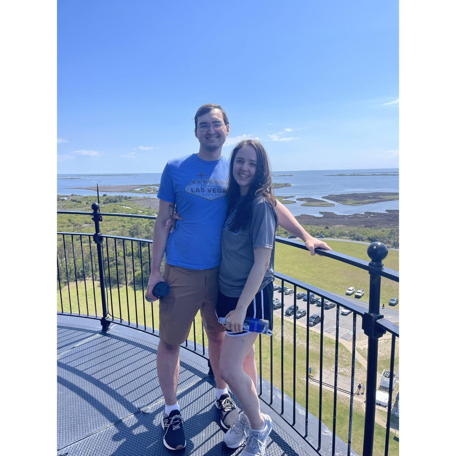 At the top of Bodie Island lighthouse in 2023. Little did I know then that we would get engaged in this same exact spot!