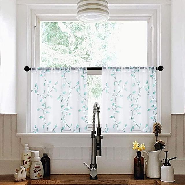 MRTREES Sheer Tier Curtains 30 inch Length Embroidered Kitchen Tiers Bathroom Voile Pole Pocket Short Window Treatment 2 Panels Aqua Blue Leaves Embroidery