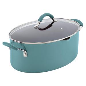 Rachael Ray Cucina Hard Porcelain Enamel Nonstick Pasta Pot, Covered Oval with Spout, 8-Quart, Agave Blue