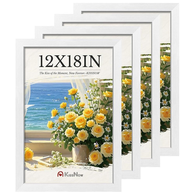 KissNow 12x18 Poster Frame 4 Pack, Textured White Solid Wood Picture Frame, Wall Hanging