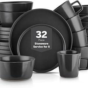 Stone Lain Celina Stoneware 32 Piece Dinnerware Set, Plates and Bowls, Black Matte Dish Collection, Service for 8 – Contemporary Minimalist Style, Microwave & Dishwasher Safe