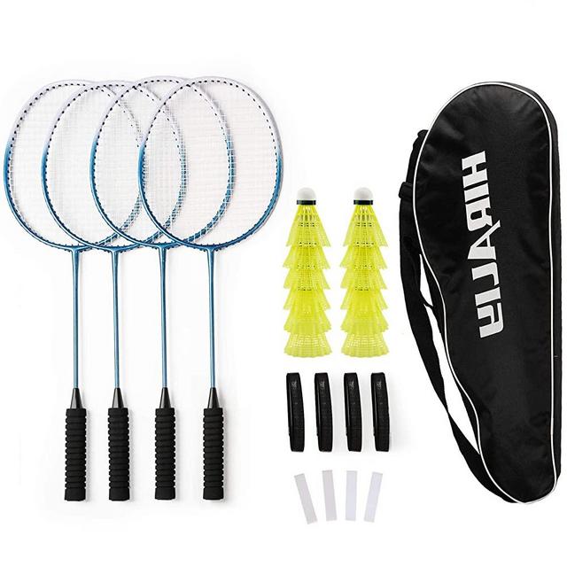 HIRALIY Badminton Rackets Set of 4 for Outdoor Backyard Games, Including 4 Rackets, 12 Nylon Shuttlecocks, 4 Replacement Grip Tapes and 1 Carrying Bag