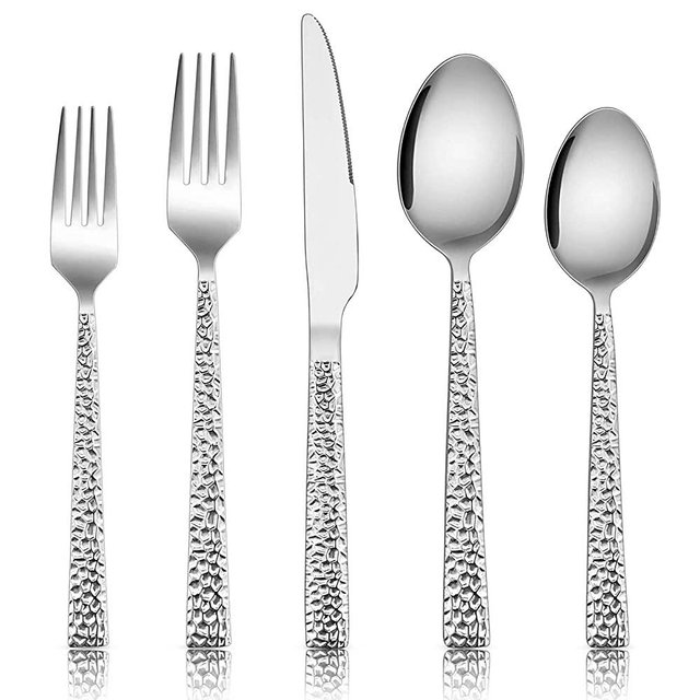 Hammered Silverware Set, E-far 30-Piece Stainless Steel Square Flatware Set for 6, Metal Tableware Cutlery Set Includes Dinner Knives/Forks/Spoons, Modern Design & Mirror Polished - Dishwasher Safe