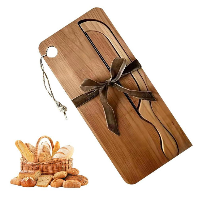 Bazuo Bow Knife and Board Set, 8 inch Bread Knife with Matching Crumb Tray, Ambidextrous Design, Suitable for Baguettes and Bagels (Acacia Wood)