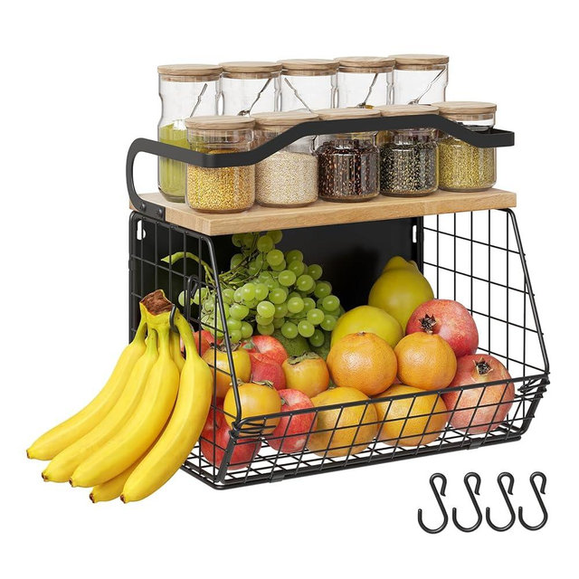 Mefirt Magnetic Shelf for Fridge with Wood Lid, Heavy Duty Fruit Basket, Fruit Potato and Onion Storage Bins, Magnetic Spice Rack for Refrigerator, Black Hanging Wire Basket for Kitchen Counter