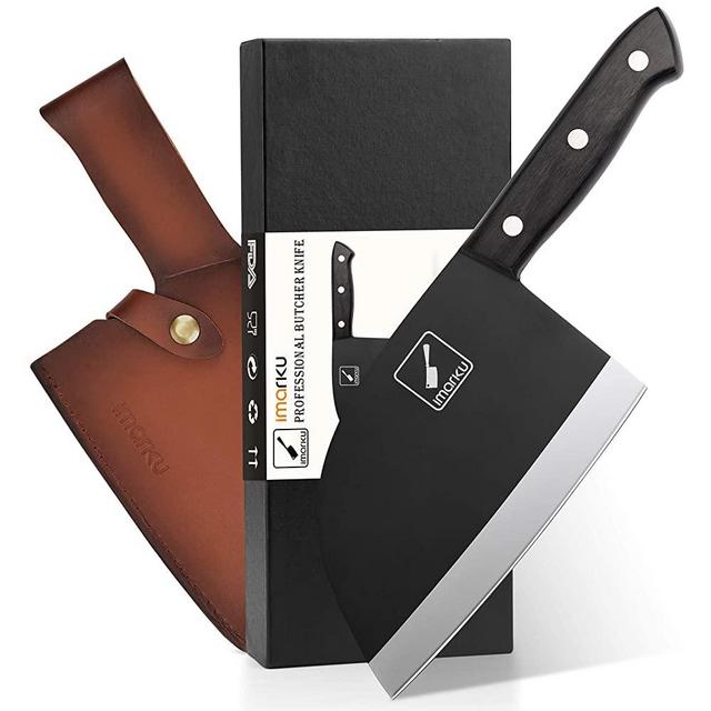 Butcher Chef Knife , imarku Serbian Chefs Knife German High Carbon Stainless Steel Handmade Forged Full Tang Butcher Cleaver Knife for Meat Vegetable Bone Cutting with Leather Knife Sheath