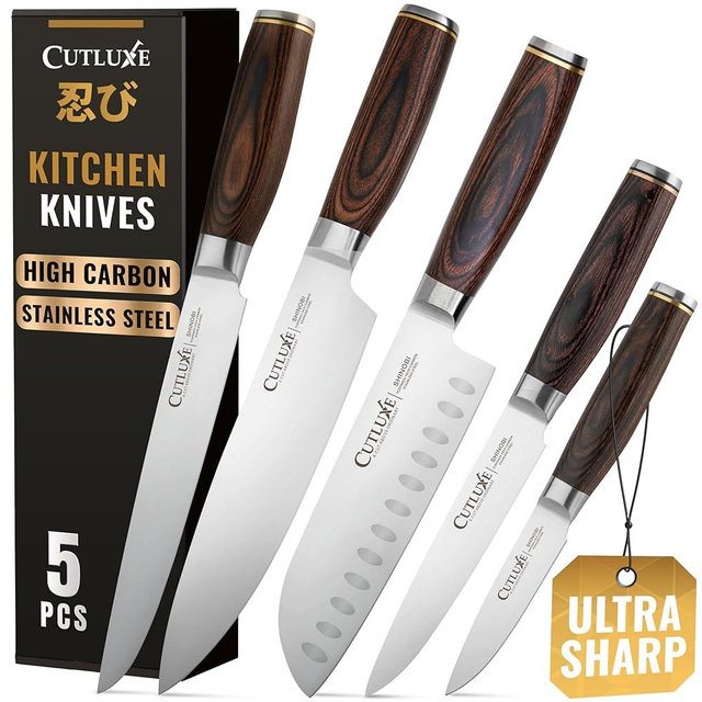 Cutluxe 5-Piece Chef Knife Set – Ultra Sharp Japanese Kitchen Knives, High Carbon Stainless Steel Blades, Full Tang Pakkawood Handles – Shinobi Series