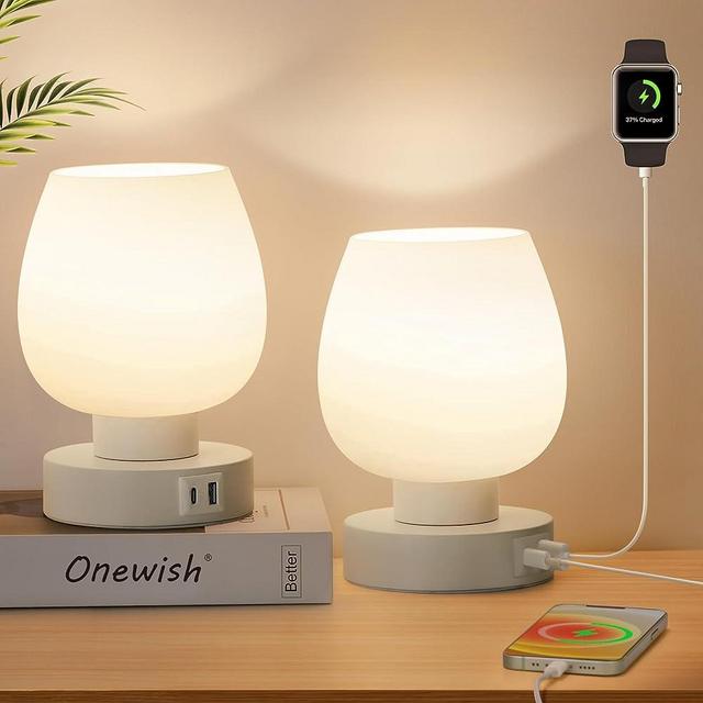 Touch Bedside Table Lamp Set of 2 - Small Modern Nightstand Lamp for Bedroom with USB C+A Charging Ports, 3-Way Dimable Desk lamp with White Opal Glass Lamp Shade, 3000K LED Bulb, Simple Design