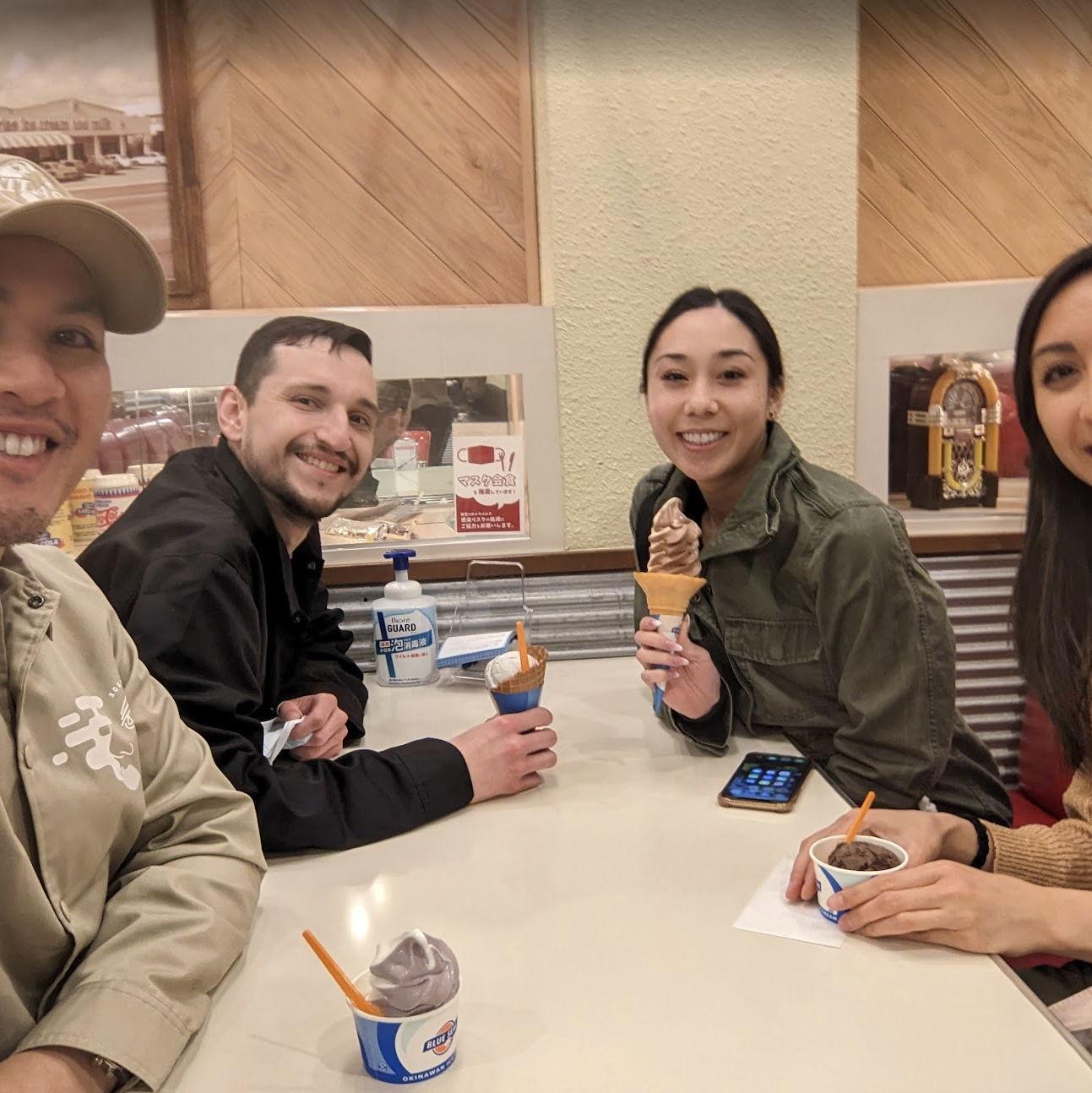 Ice cream at Blue Seal-- benimo (Okinawan sweet potato) and choco/salt cookie soft serve. So fun when we get to share our fave spots with pals.