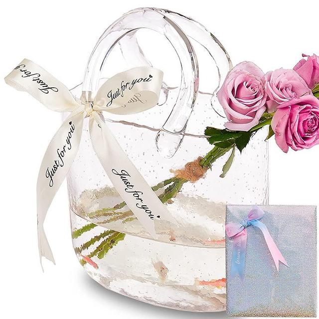 Glass Bag vase, Purse vase with Fish Bowl, Handbag Shape Flower vase - for Home Décor, enterpiece, Events, Office, Garden, Wedding (Transparent)