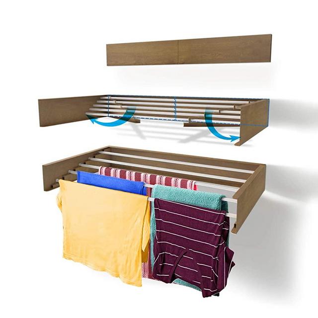 Step Up Laundry Drying Rack, Wall Mounted, Retractable Clothes Drying Rack, 40lbs Capacity, 11.6 Linear Ft, with Wall Template and Long Drill Bit (Wood-Look - 28")