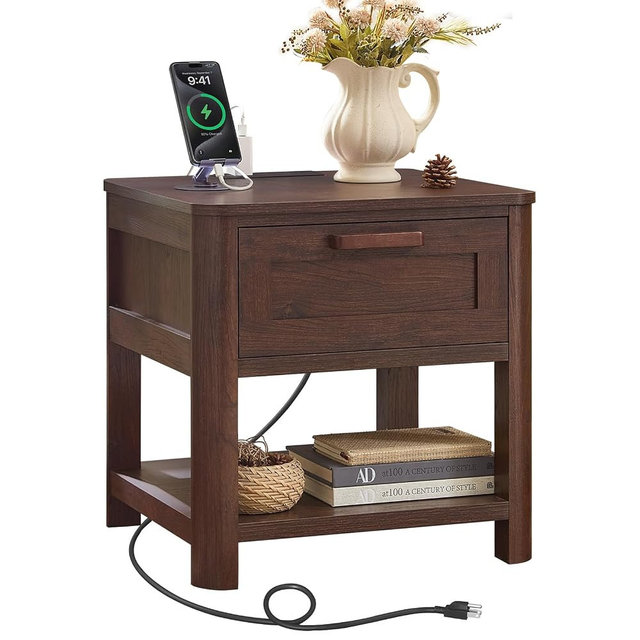Joaxswe Farmhouse Side Tables Living Room, Small Nightstand with 1 Drawers & Open Shelving & 4 Thickened Table Legs, Walnut