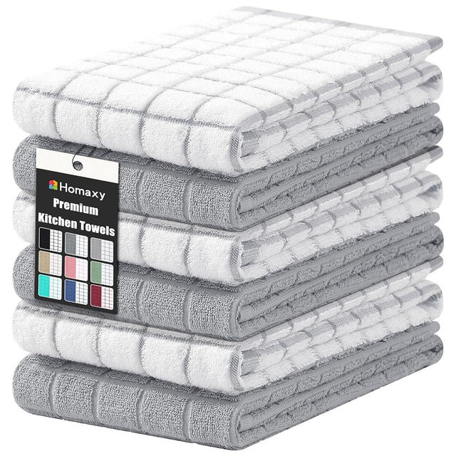 Homaxy Premium Cotton Kitchen Towels 16"x 28", Large Natural Ring Spun 390 GSM Dish Towels, Super Absorbent Terry Kitchen Hand Towels, Soft Tea Towels with Hanging Loop, Light Grey Check, 6 Pack