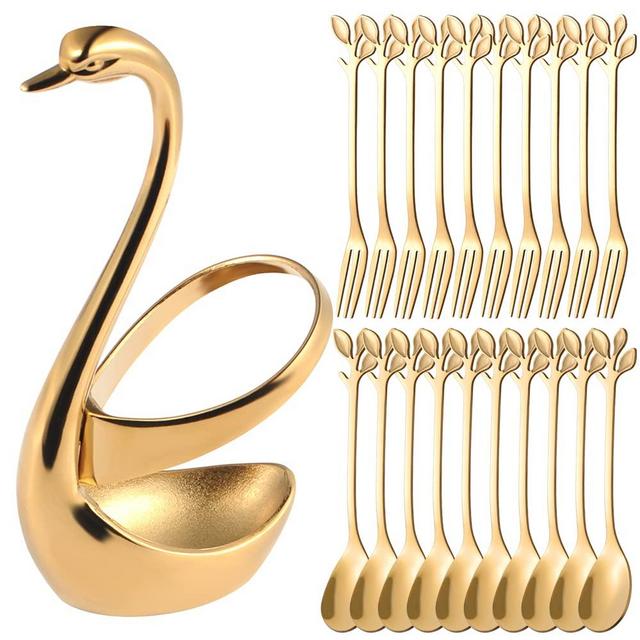 AnSaw Gold Swan Base Holder With 20 Pcs 4.7"Small Leaf Handle Coffee Spoons & Dessert Forks Set(Gold,10+10)