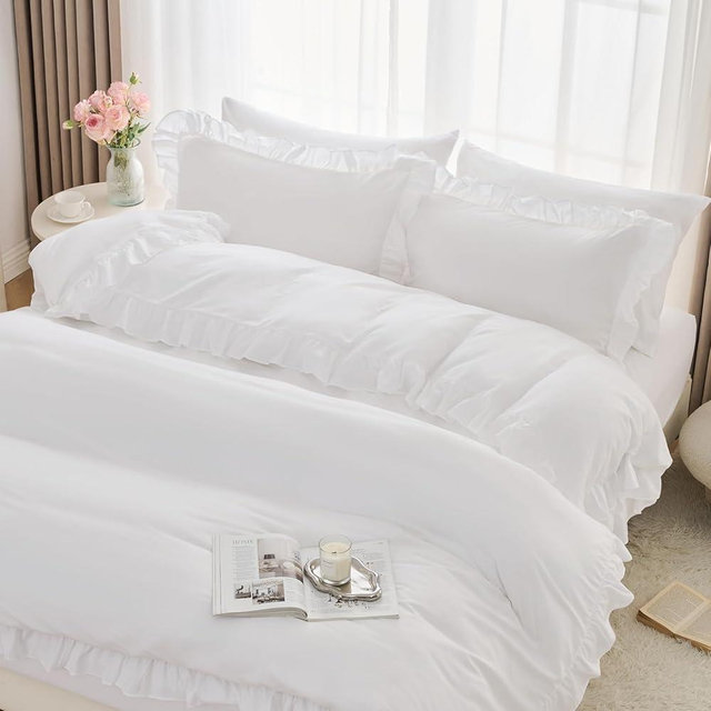 Horbaunal 5 Pcs White Ruffle Duvet Cover Full Size Soft Microfiber Shabby Chic Ruffled Duvet Cover Set, Vintage French Country Ruffle Bedding Set with Zipper Closure & Corner Ties, 80" x 90"
