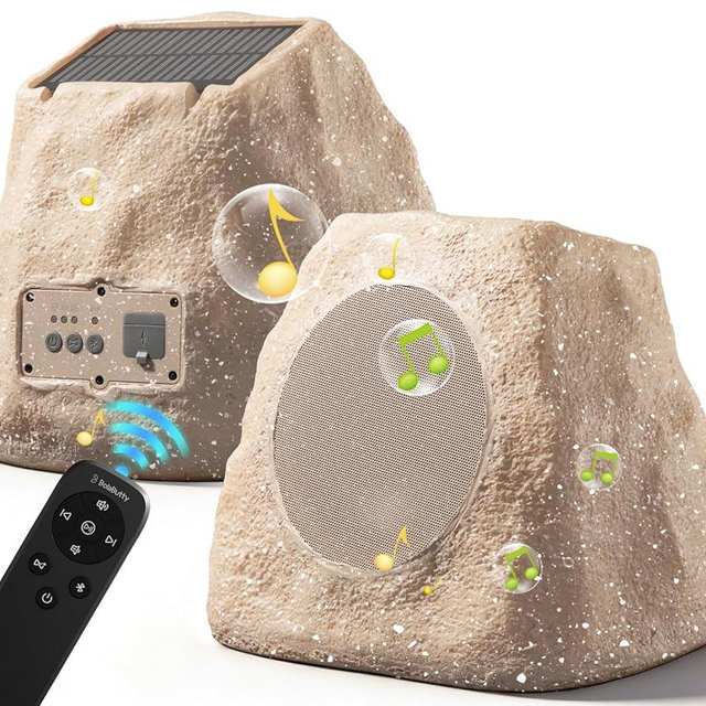 Upgraded Outdoor Rock Speaker 60W Deep Bass Multi-Sync up to 100Pcs, Remote Control, IPX7 Waterproof Solar-Powered with LED Lights Perfect for Pool, Garden, Patio, Ideal for Music Lovers - 2 Packs