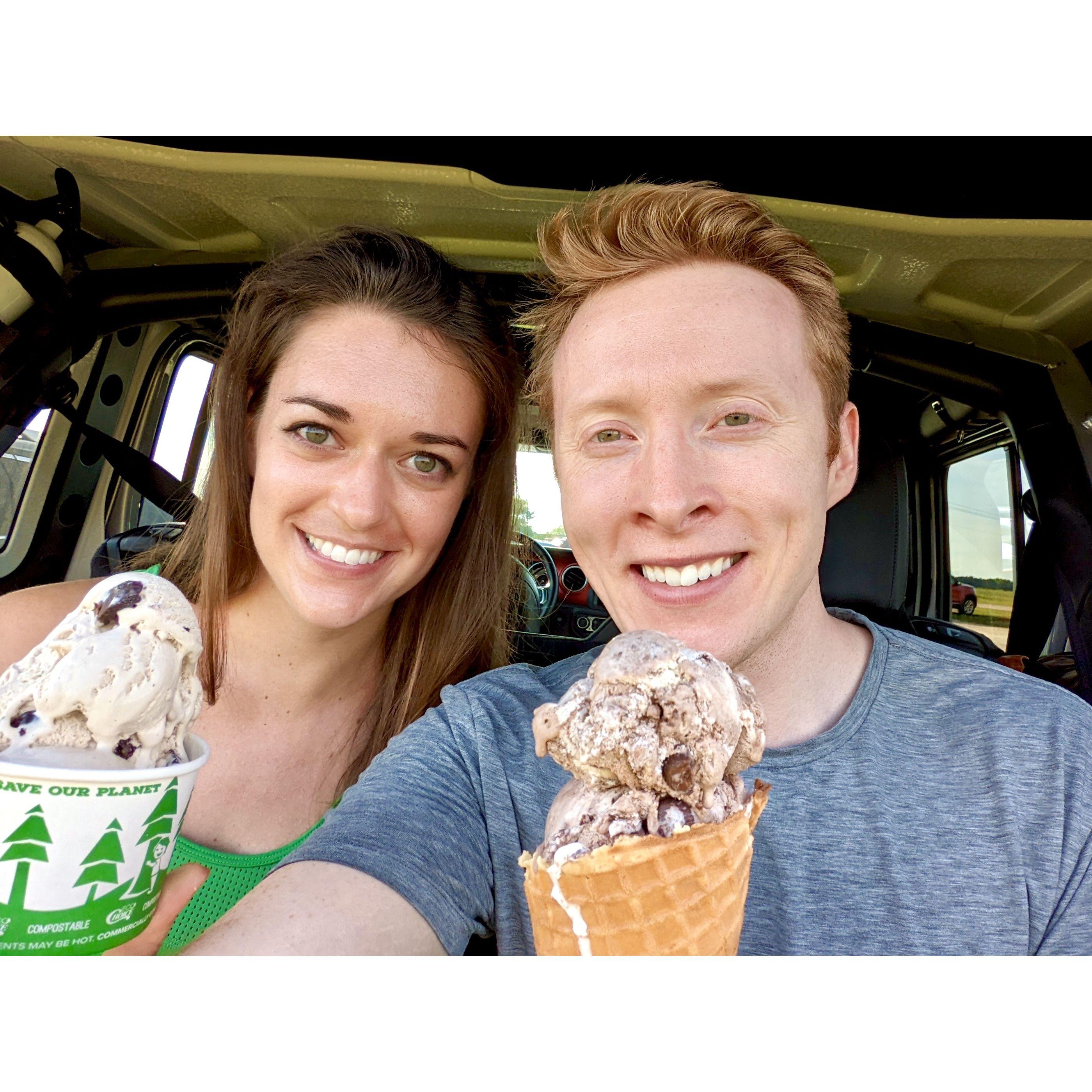 Getting ice cream is one of our favorite things to do. Here we are enjoying well-deserved Howling Cow Ice Cream from the NC State Farm after a 30 mile bike ride -May 2022