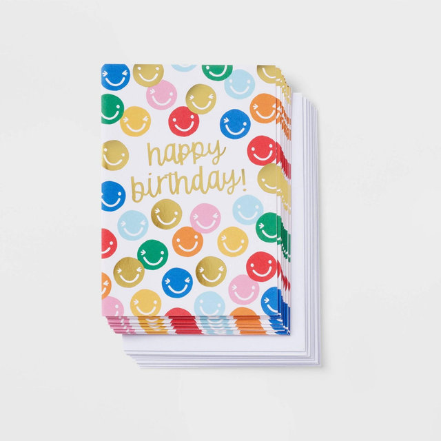 10ct Happy Birthday! Smiley Cards - Spritz™: Birthday Card Pack for Kids, Boys & Girls, Includes Envelopes, Multicolored