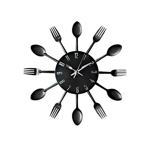 Timelike Kitchen Wall Clock, 3D Removable Modern Creative Cutlery Kitchen Spoon Fork Wall Clock Mirror Wall Decal Wall Sticker Room Home Decoration (Black)