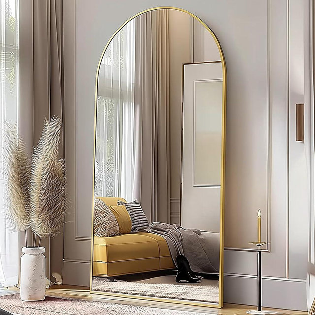 Prywot Arched Full Length Mirror, 71" x 30" Free Standing Floor Mirror, Modern Full Body Mirror with Stand, Wall Mirror with Aluminum Alloy Frame for Bedroom,Living Room, Gold