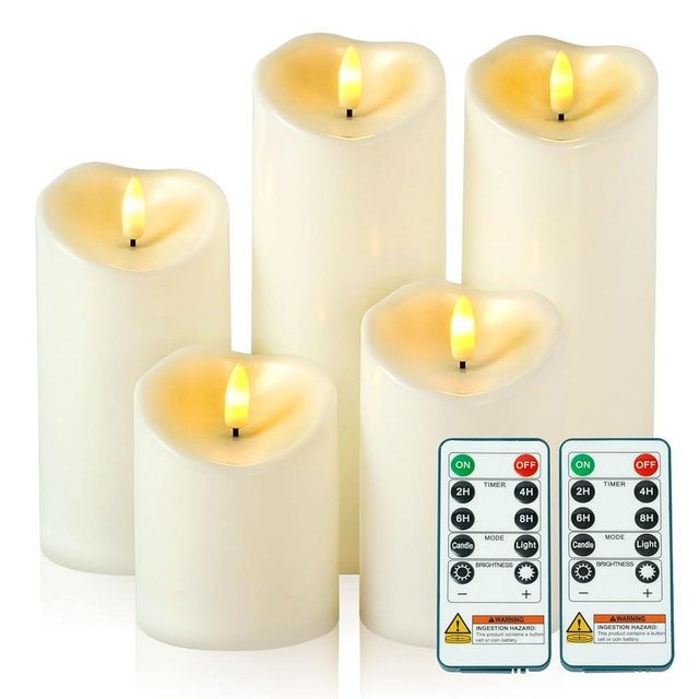 Amagic Waterproof Outdoor Flameless Candles with Remote, LED Candles Battery Operated with Timer, Flickering Fake Pillar Candle for Outside Patio Yard Decor, Ivory, Set of 5, D3 X H4 5" 6" 8" 8"