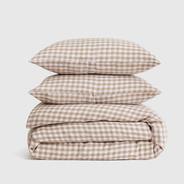 European Linen Gingham Duvet Cover Set in Cafe