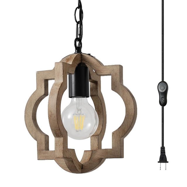 1-Light Farmhouse Plug in Pendant Light,Wood Hanging Light with 16.4FT Cord with Dimmable and Timer Switch,Wood Color,for Kitchen Dinning Room Bathroom