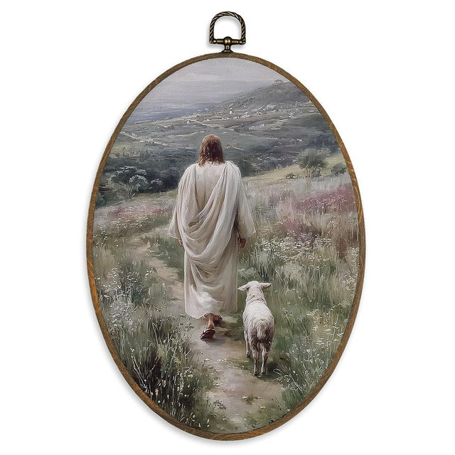 XBBMGG Vintage Jesus and Lamb Christian Wall Art Decor, Jesus Leaves the 99 Sheep Oval Wall Hanging Decor, Religious Bible Framed Canvas Prints for Living Room Church Decorations, 8.6x11.4 inch