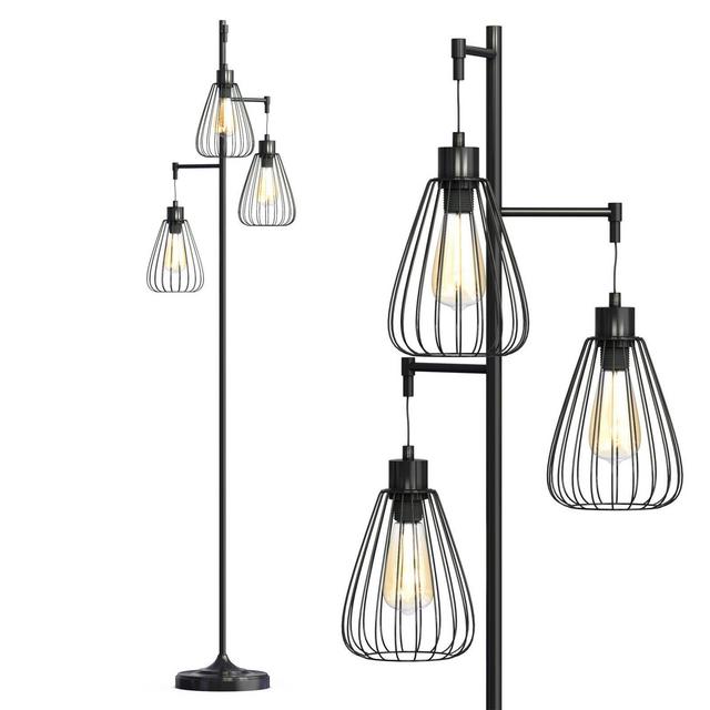 Tangkula Industrial 3-Light Floor Lamp Metal Freestanding Cage Floor Lighting Lamp