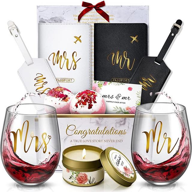 Wedding Gifts Engagement Gifts for Couples Gifts for Bride and Groom Newlywed Mr and Mrs Gifts Bride To Be Gifts Honeymoon Essentials, Anniversary,Just Married,Travel,Wine Glass Engaged Gifts for Her