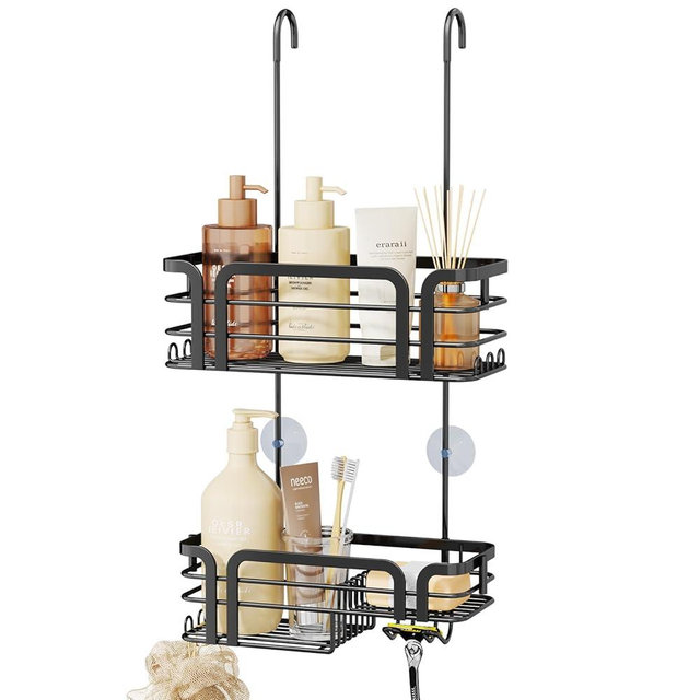 SWTYMIKI Shower Caddy Hanging Organizer - Over the Door Shower Caddy with Soap Holder, 11 Hooks, 2 Installation Ways, Stainless Steel Rustproof Bathroom Organizer, Black