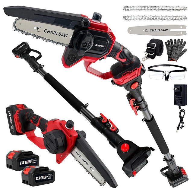 Autubin 6'' Cordless 2-in 1 Pole Saw Mini Chainsaw, Extendable Electric Pole Saw for Tree Trimming, Brushless Motor, Battery Operated with 2*4.0Ah Batteries&Charger, Extension Pole for 16 FT Max Reach