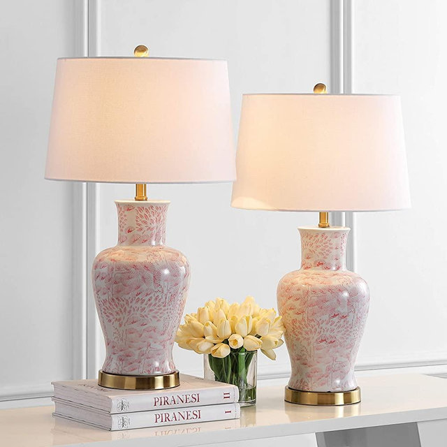 Safavieh Lighting Collection Calli Pink/White 28-inch Bedroom Living Room Home Office Desk Nightstand Table Lamp (Set of 2) - LED Bulbs Included