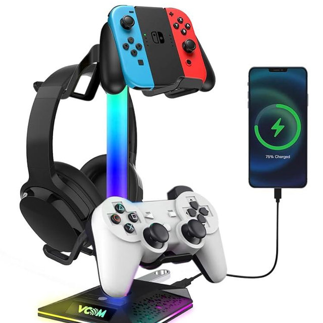 V VCOM RGB Gaming Headphones Stand with 2 USB Ports Headset Stand with 10 Light Modes and Non-Slip Rubber, Suitable for All Earphone Accessories, Best Gift for Husband, Kids, Boyfriend