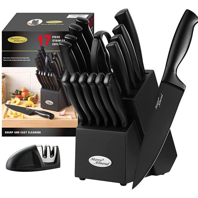 DISHWASHER SAFE MA23 Black Knife Set, Marco Almond® 17 Pieces Stainless Steel Kitchen Knives Block Sets