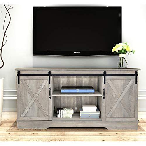 Rainbow Sophia Forest Series Wooden TV Stand with Sliding Barn Door for TVs up to 65" (Washed Oak)