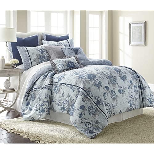 Amrapur Overseas Floral Farmhouse 8-Piece Comforter Set, King, Light Blue