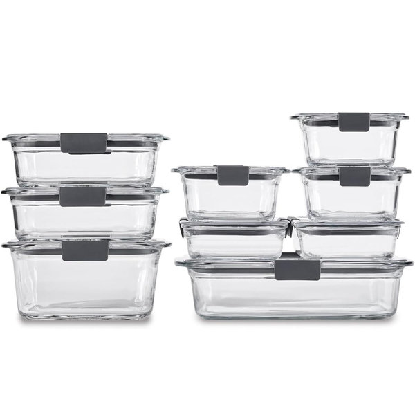 Rubbermaid Brilliance Glass Food Storage Containers, Assorted Sizes, Set of 9, BPA-Free, Leak-Proof, Clear
