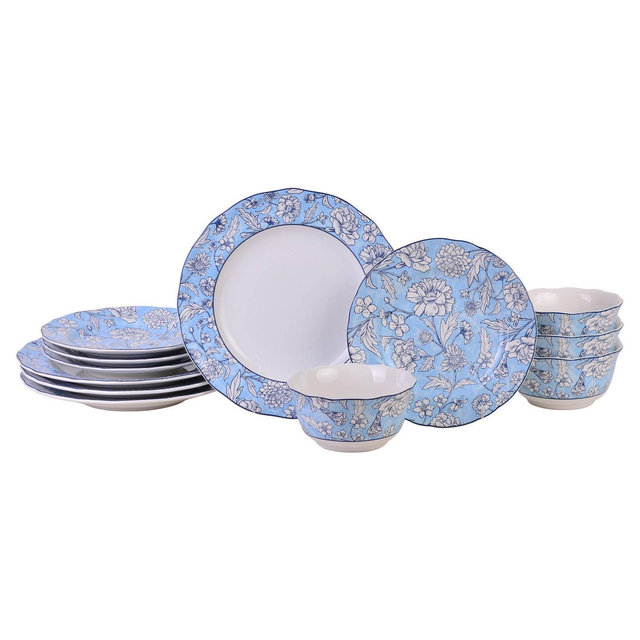 222 Fifth 12pc Cleremont Dinnerware Set Light Blue: Porcelain Dishware, Floral Pattern, Microwave & Dishwasher Safe