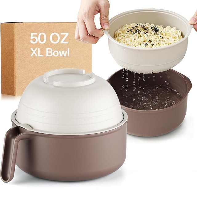 MEACOLIA 50 oz Large Ramen Bowl, Microwave Ramen Cooker, Noodle Pasta Cooker with Lid and Strainer, Steamer for Vegetables, College Dorm Essentials for Girls Guys (Beige)